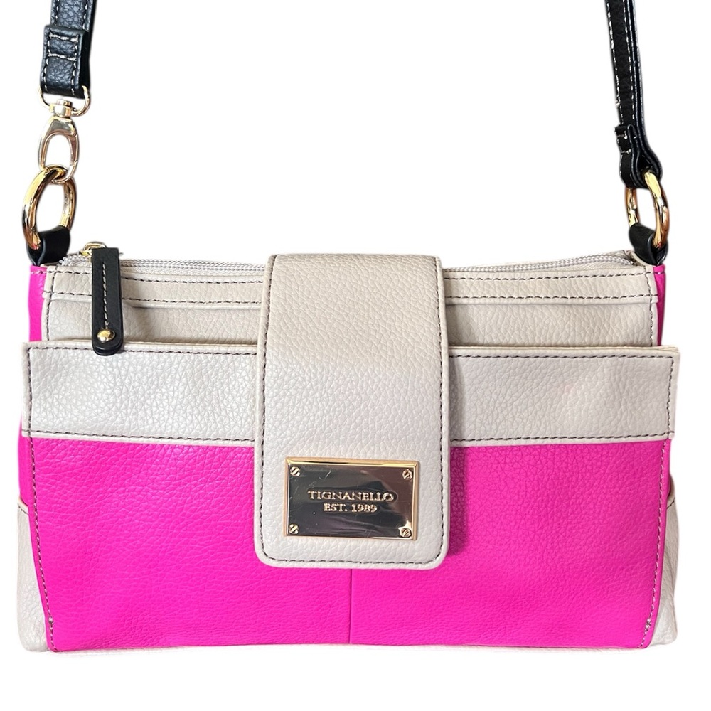 Tignanello Hot Pink Beige Black Leather Crossbody Clutch Handbag - Picture 3 of 17